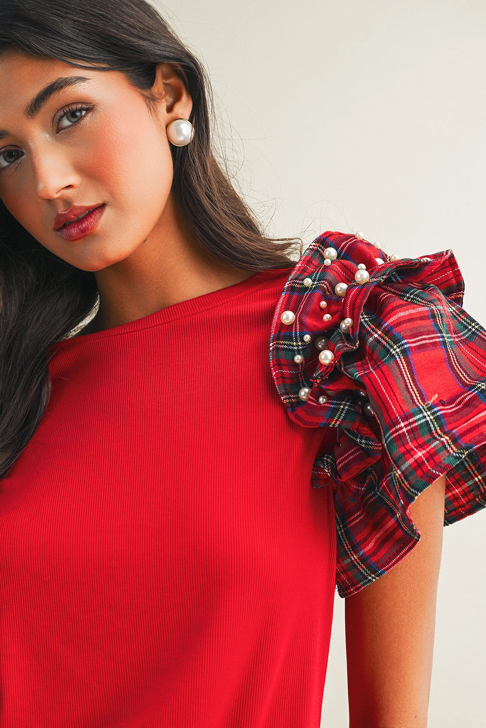 Plaid Pearl Ruffle Top