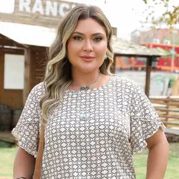 Geometric Ruffle Sleeve Blouse