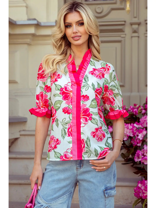 Bold Floral Print Ruffle Sleeve