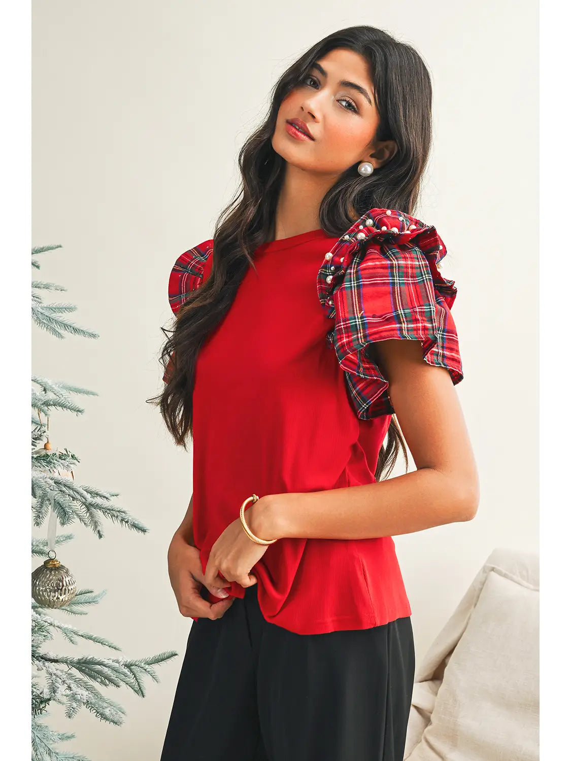 Plaid Pearl Ruffle Top