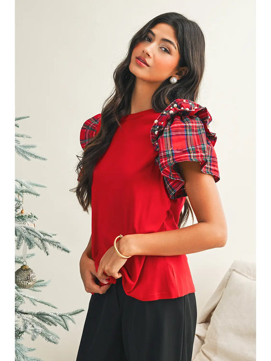 Plaid Pearl Ruffle Top