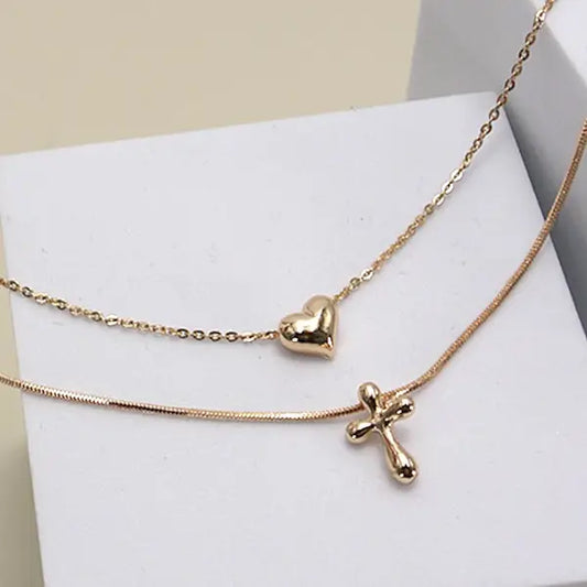 Double Layer Heart Cross Charm Necklace