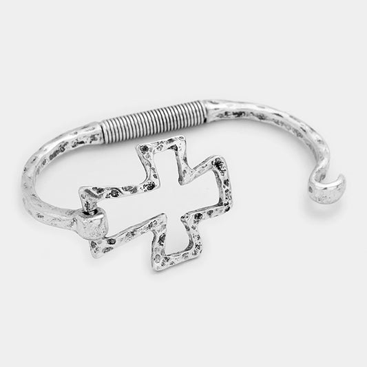 Hammered Metal Cross Bangle Bracelet