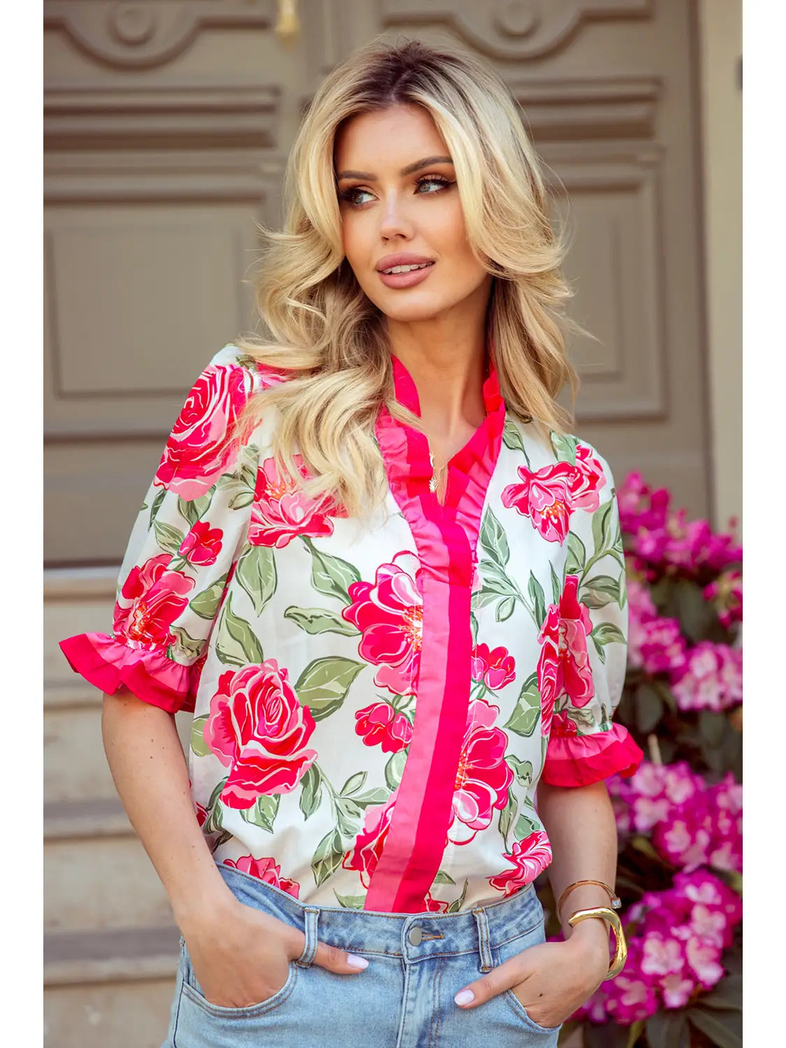 Bold Floral Print Ruffle Sleeve