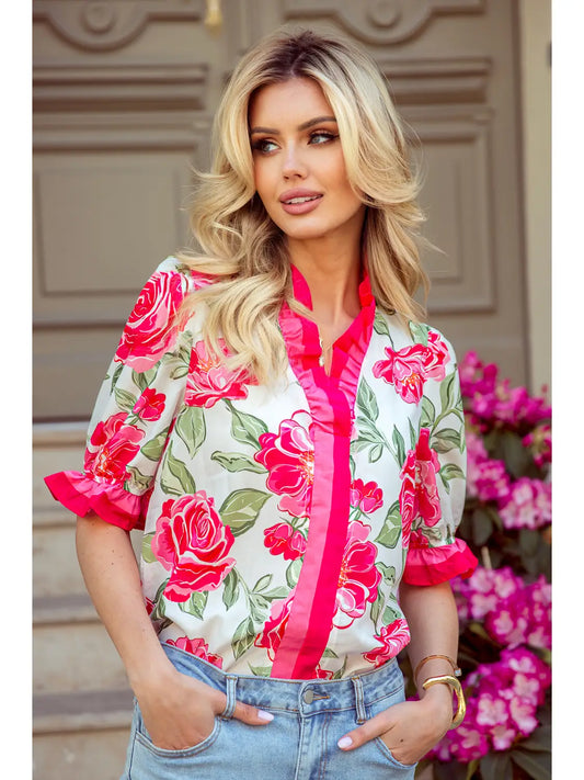 Bold Floral Print Ruffle Sleeve