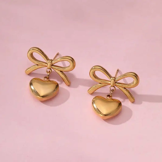 18K Stainless Steel Bow Heart Earrings