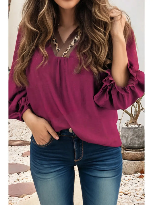 Leopard Trim Notched  Blouse