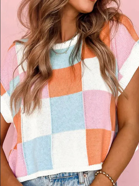 Color Block Cap Sleeve Summer Sweater