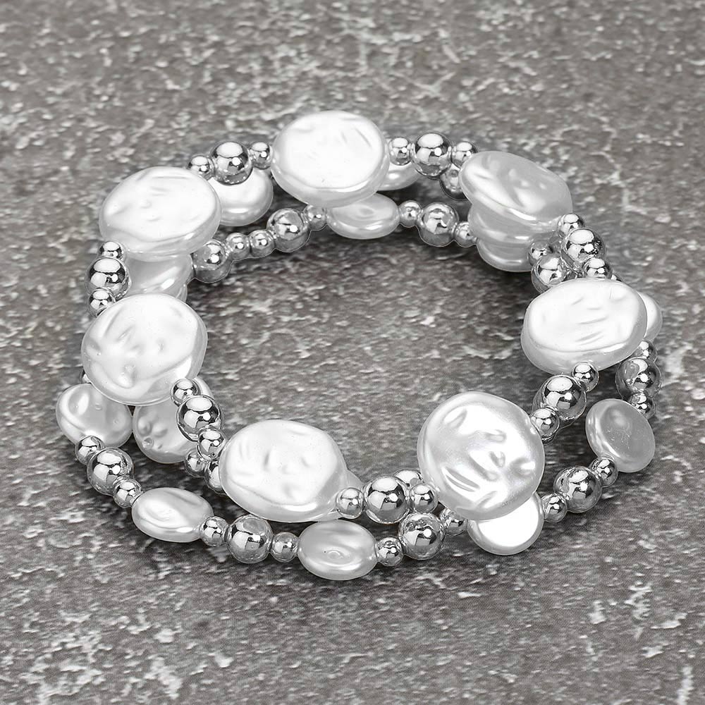 3pc Pearl Metal Ball Beaded Stretch Bracelet