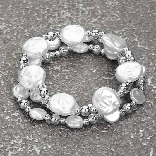 3pc Pearl Metal Ball Beaded Stretch Bracelet